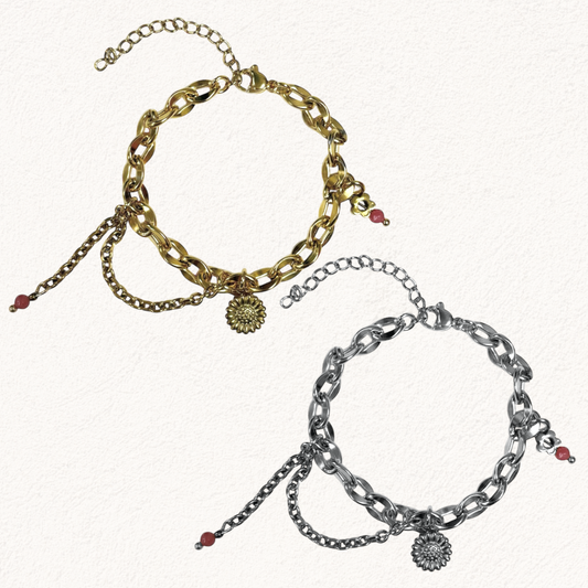 armband met bloem, ketting en roze steentjes